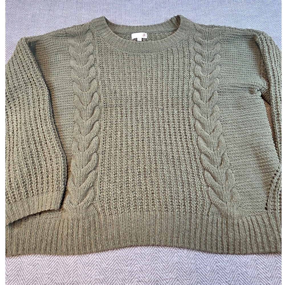 SO Womens Olive Green Chenille Cable Knit Sweater XL Crewneck Chunky Relaxed
